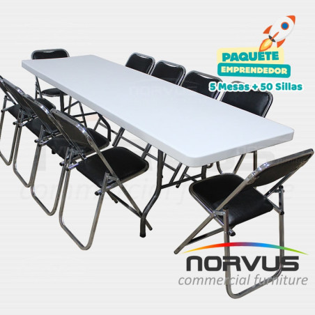 Pack - 5 tablones rectangular plastico inflado y 50 sillas plegables cromadas