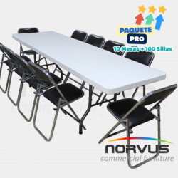 Pack - 10 tablones rectangular plastico inflado y 100 sillas plegables cromadas