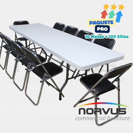 Pack - 10 tablones rectangular plastico inflado y 100 sillas plegables cromadas