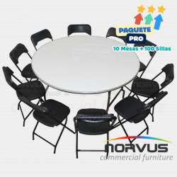 Pack - 10 mesas redonda fibra de vidrio y 100 sillas plegables plastico negro