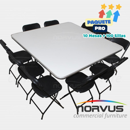 Pack - 10 mesas cuadrada fibra de vidrio y 100 sillas plegables plastico negro