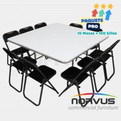 Pack - 10 mesas cuadrada fibra de vidrio y 100 sillas plegables esmalte negro