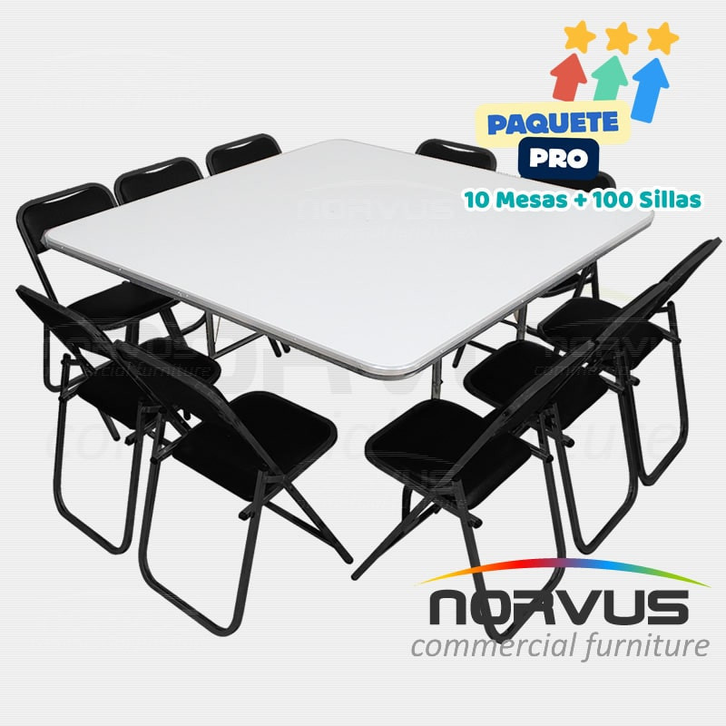 Pack - 10 mesas cuadrada fibra de vidrio y 100 sillas plegables esmalte negro