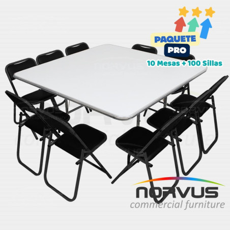 Pack - 10 mesas cuadrada fibra de vidrio y 100 sillas plegables esmalte negro