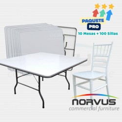 Pack - 10 mesas cuadrada fibra de vidrio y 100 sillas Tiffany plastico blanco